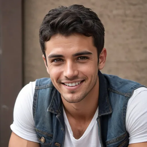 Prompt: Short dark hair, Rugged, handsome, chiseled, dimples, smiling, leather jack with white t-shirt, and denim jeans, middle-eastern guy, Hazel eyes
