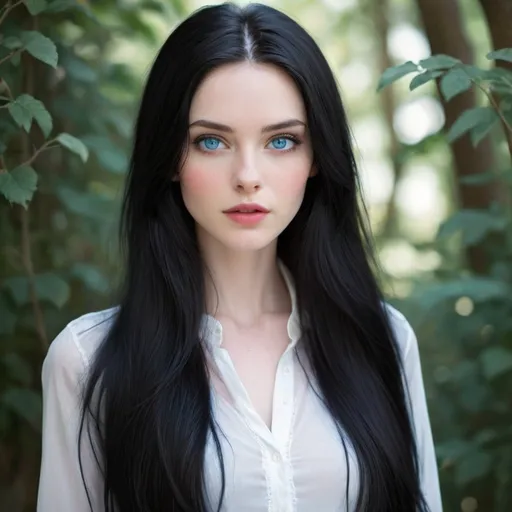 Prompt: beautiful, slender, pretty, captivating, alluring, luscious long black hair, icy blue eyes, pale skin, white blouse