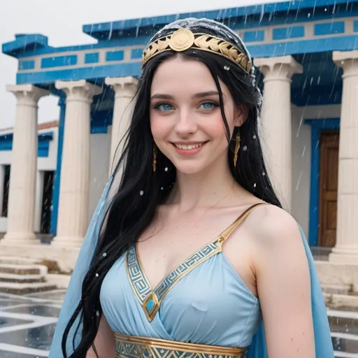 Prompt: Pale girl with long black hair with icy blue eyes smiling Wearing a Greek goddess outfit and it's raining outside