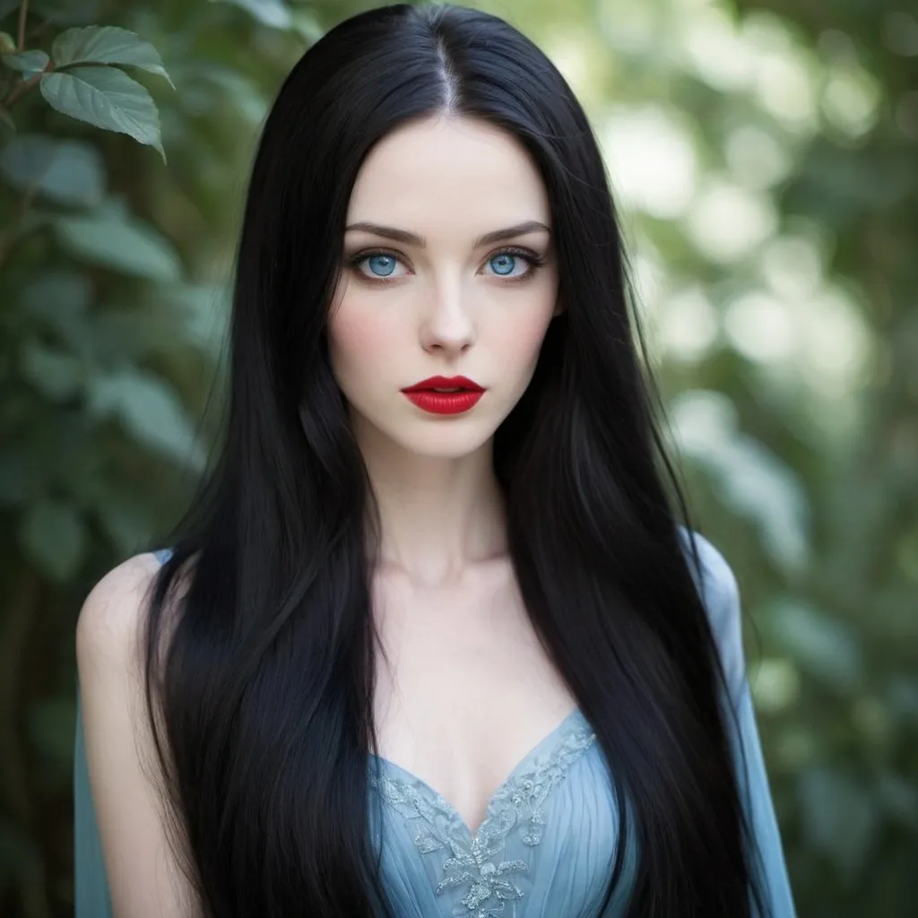 Prompt: beautiful, slender, pretty, captivating, alluring, luscious long black hair, icy blue eyes, pale skin, Red lips