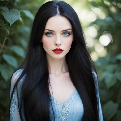 Prompt: beautiful, slender, pretty, captivating, alluring, luscious long black hair, icy blue eyes, pale skin, Red lips, long lashes, plump lips