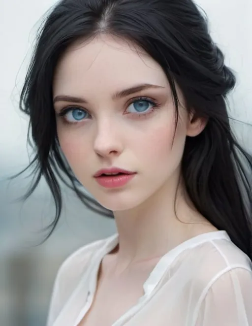 Prompt: beautiful, slender, pretty, captivating, alluring, black hair, icy blue eyes, pale skin, white blouse