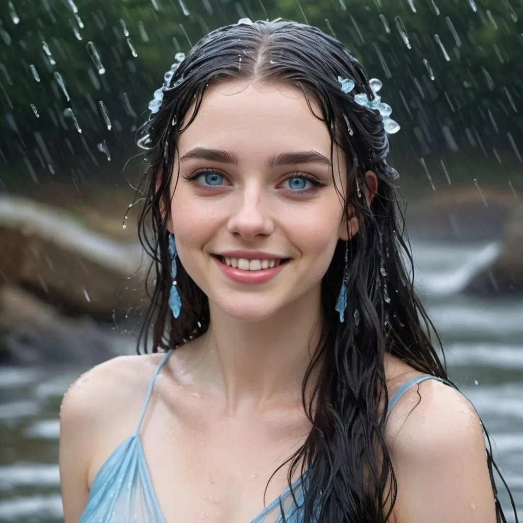 Prompt: Pale girl with long black hair and icy blue eyes, soaking wet from rain, she wears a see through Greek goddess outfit, she's smiling 