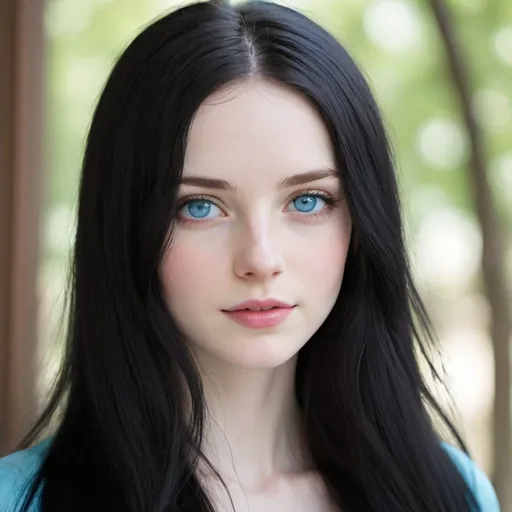 Prompt: Light pale skin, Vibrant Icy-blue eyes, very Long black hair, petite
