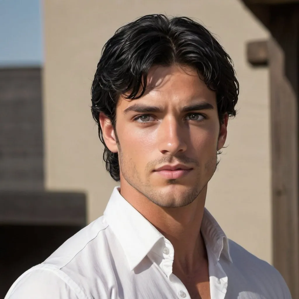 Prompt: thick luscious Black hair, Hazel Eyes, Handsome, Rugged, Chiseled, Broad-Shouldered, 