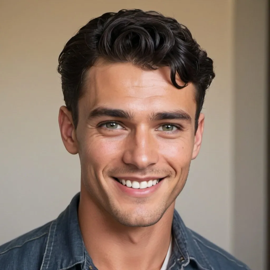 Prompt: Short black 1950 hairstyle, Hazel eyes, Broad-shoulders, Rugged, chiseled jawline, Handsome guy, Smiling with dimples, alluring gaze, stern