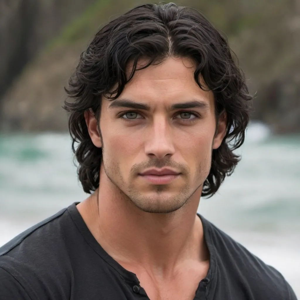 Prompt: Black hair, Hazel Eyes, Handsome, Rugged, Chiseled, Broad-Shouldered, Luscious wavy Hair