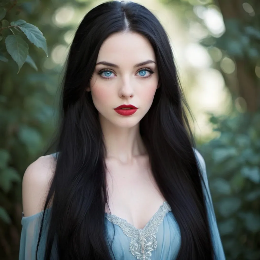 Prompt: beautiful, slender, pretty, captivating, alluring, luscious long black hair, icy blue eyes, pale skin, Red lips, long lashes, plump lips