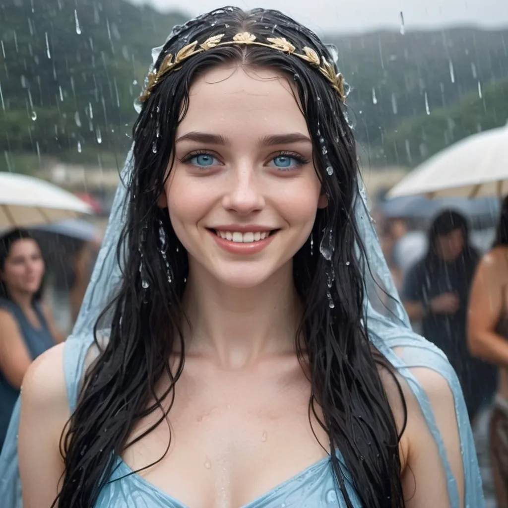 Prompt: Pale girl with long black hair and icy blue eyes, soaking wet from rain, she wears a see through Greek goddess outfit, she's smiling 