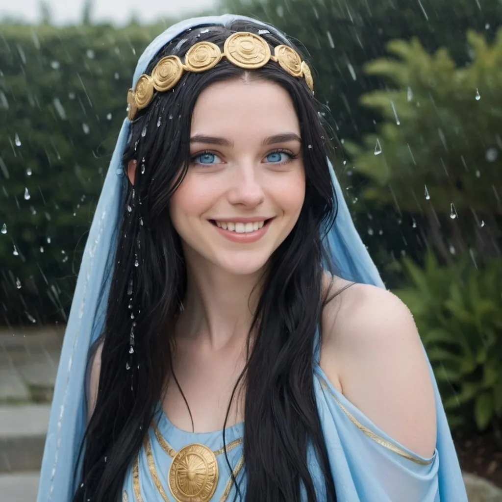 Prompt: Pale girl with long black hair with icy blue eyes smiling Wearing a Greek goddess outfit and it's raining outside