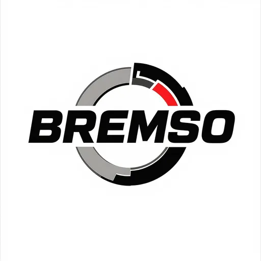 Prompt: BREMSO Logo Design Prompt (English):

Design a single-piece, vector-based logo for the brand "BREMSO".
The logo must be a unified, continuous shape, where all letters connect and merge seamlessly into one solid form—no separate elements.
Use a bold, sans-serif, industrial font style with strong geometric and clean lines.
The letter “O” should be a custom stylized ring, slightly tilted backward to evoke a braking feel, with asymmetric thickness and a subtle red accent integrated inside the shape.
The entire logo should have a slight backward tilt to reinforce the feeling of braking and motion.
The design must be minimalistic, modern, and strong, suitable for a truck parts brand.
Use a restricted color palette:

Black as the dominant color for the main shapes,

White for negative space or internal cutouts,

Red as a subtle accent color only, ideally inside or near the “O”.
The logo must be designed on a white background.
Avoid overcrowding—keep the shapes clean and balanced, emphasizing performance and industrial strength.
Deliver the final output as a single vector shape, ready for professional branding and scalable use.
