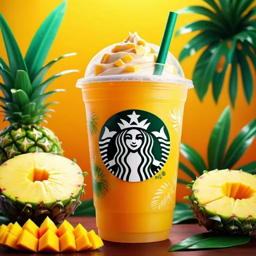 Prompt: Refreshing tropical Starbucks drink with mango and pineapple, vibrant colors, tropical fruit elements, high quality, digital illustration, fruity, exotic, refreshing, vibrant, tropical, detailed glass, juicy textures, bright and colorful, high-res, professional, realistic lighting