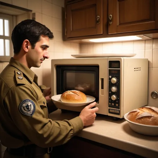 Prompt: (company officer in the IDF), interacting with an old-fashioned microwave, pressing buttons, warm bread inside, (realistic details and expressions), (cozy atmosphere), warm tones reflecting from the microwave, soft lighting, minimal distractions in the background, kitchen setting, ultra-detailed, high-definition, inviting scene of everyday life, capturing a moment of comfort and nourishment.