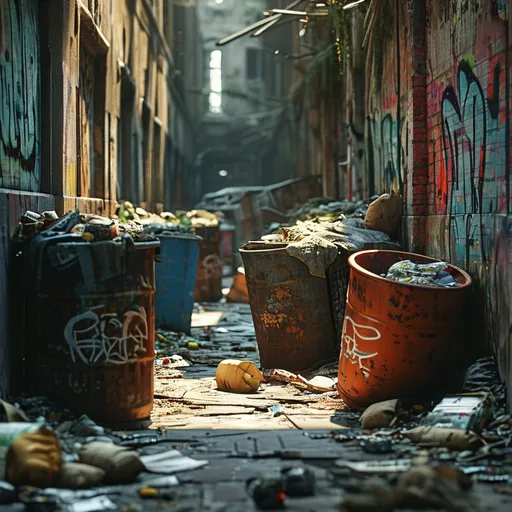 Prompt: (garbage), discarded items, overflowing trash bins, urban environment, grungy alleys, metallic materials, scattered litter, ruins, dark and dingy, muted colors, heavy shadows, somber atmosphere, decomposing matter, graffiti-covered walls, old newspapers, broken bottles, food remnants, dilapidated surroundings, ultra-detailed, 4K, cinematic, gritty urban realism, detailed textures, atmospheric depth unittest