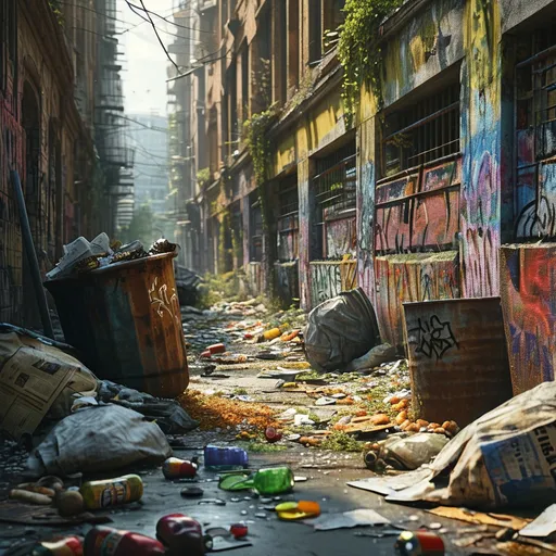 Prompt: (garbage), discarded items, overflowing trash bins, urban environment, grungy alleys, metallic materials, scattered litter, ruins, dark and dingy, muted colors, heavy shadows, somber atmosphere, decomposing matter, graffiti-covered walls, old newspapers, broken bottles, food remnants, dilapidated surroundings, ultra-detailed, 4K, cinematic, gritty urban realism, detailed textures, atmospheric depth unittest