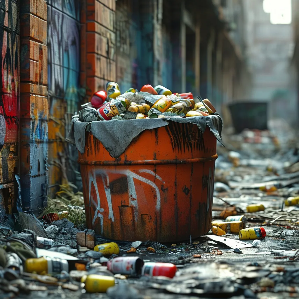 Prompt: (garbage), discarded items, overflowing trash bins, urban environment, grungy alleys, metallic materials, scattered litter, ruins, dark and dingy, muted colors, heavy shadows, somber atmosphere, decomposing matter, graffiti-covered walls, old newspapers, broken bottles, food remnants, dilapidated surroundings, ultra-detailed, 4K, cinematic, gritty urban realism, detailed textures, atmospheric depth unittest