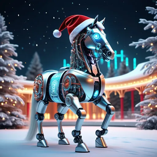 Prompt: Futuristic AI-robot horse sitting on a horse, (sleek metallic design), glowing lights, intricate circuit patterns, (santa hat), festive, intricate details, sci-fi elements, (vibrant colors), enchanting atmosphere, snowy background, (highly detailed), (4K), dynamic lighting, captivating expression, modern holiday twist.