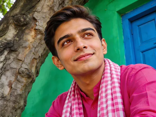 Prompt: This photograph features a young man of South Asian descent with a light brown complexion and short, neatly styled dark brown hair. He has well-groomed eyebrows, brown eyes, and a subtle smile. He is wearing a bright pink, long-sleeved shirt and a pink and white checkered scarf draped around his neck. The background includes a large tree trunk on the left, with textured bark, and a vibrant green wall with a blue door on the right. The lighting is natural, highlighting his smooth skin and the vivid colors of his clothing and surroundings. The image is a close-up, focusing on his face and upper torso, with a slight upward angle.