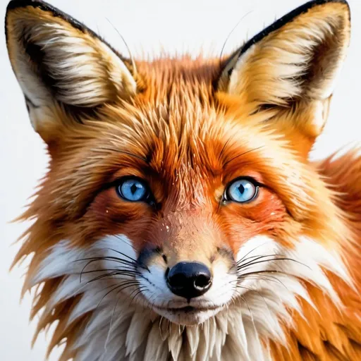 Prompt: a close up of a fox's face with a white background and a red fox's head, Arie Smit, furry art, animal photography, a photorealistic painting

Give the fox bright blue eyes

Make the fox look a little thinner

Have the head tilted down somewhat in the eyes looking up towards the camera

Have the image created with tiny mosaics