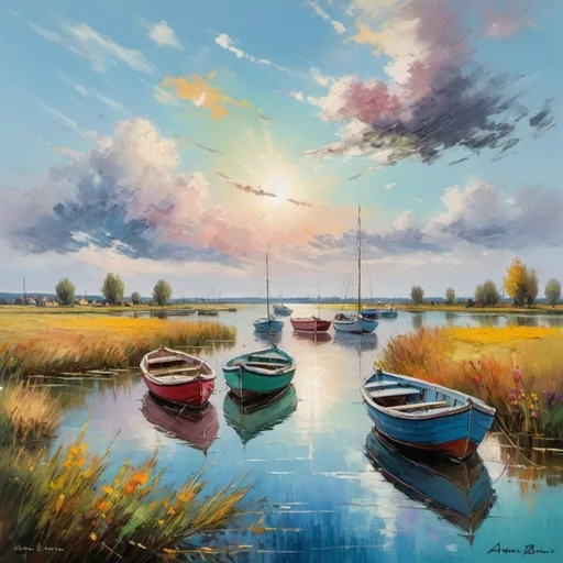Prompt: a painting of boats floating on a lake under a blue sky with colorful clouds and grass in the foreground, Antoine Blanchard, van gogh, colorful pastel colors, impressionist painting