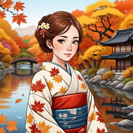 Prompt: Cute girl with freckles, autumn riverside background, vector illustration, detailed freckles, traditional kimono, serene expression, flowing river, vibrant autumn foliage, high quality, ancient Japanese, elaborate artwork, detailed scenery, peaceful setting