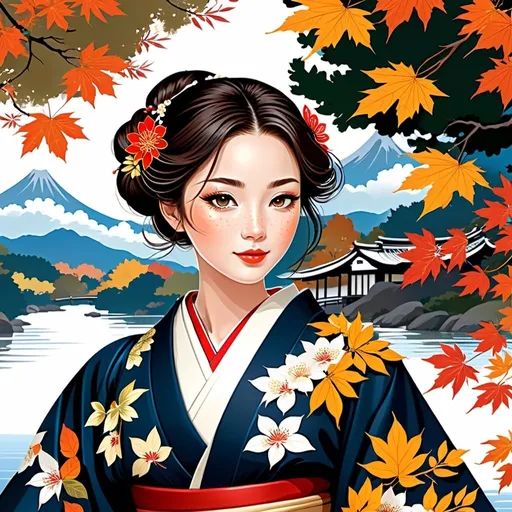 Prompt: Cute girl with freckles, autumn riverside background, vector illustration, detailed freckles, traditional kimono, serene expression, flowing river, vibrant autumn foliage, high quality, ancient Japanese, elaborate artwork, detailed scenery, peaceful setting