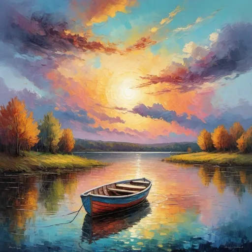 Prompt: a painting of boat floating on a lake under a sky with colorful clouds and land in the foreground, vivid sun, Antoine Blanchard, van gogh, Renoir, colorful pastel colors, impressionist painting, palette knife painting