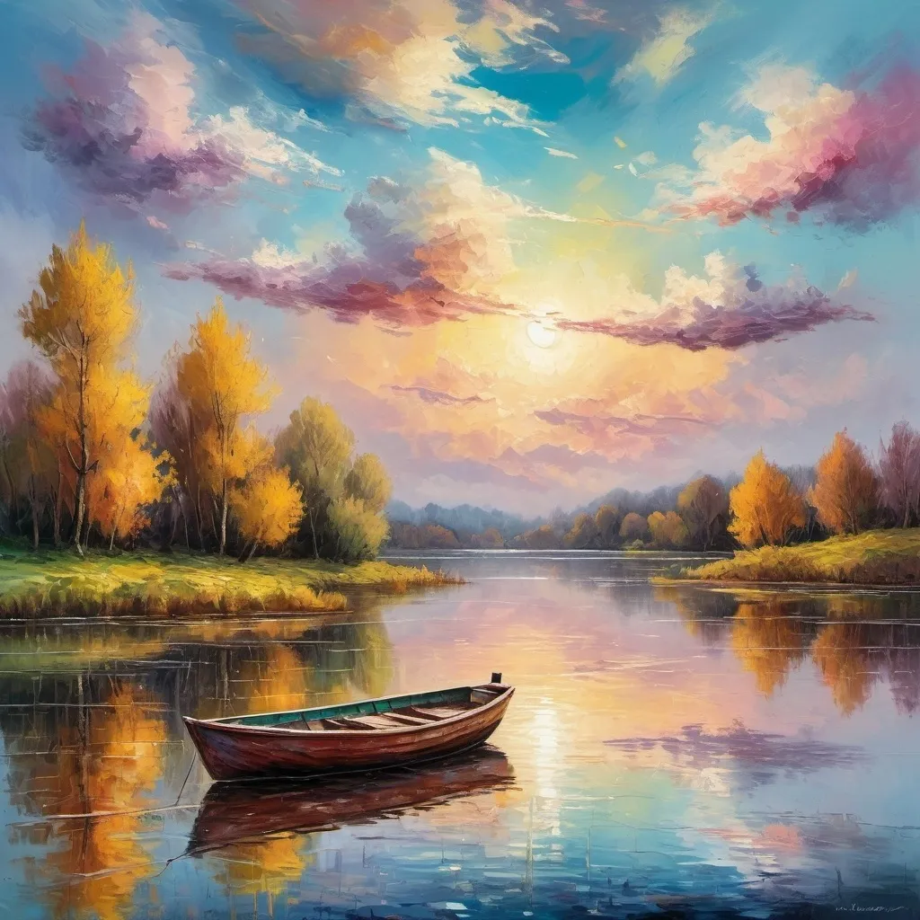 Prompt: a painting of boat floating on a lake under a sky with colorful clouds and land in the foreground, Antoine Blanchard, van gogh, Renoir, colorful pastel colors, impressionist painting, palette knife painting