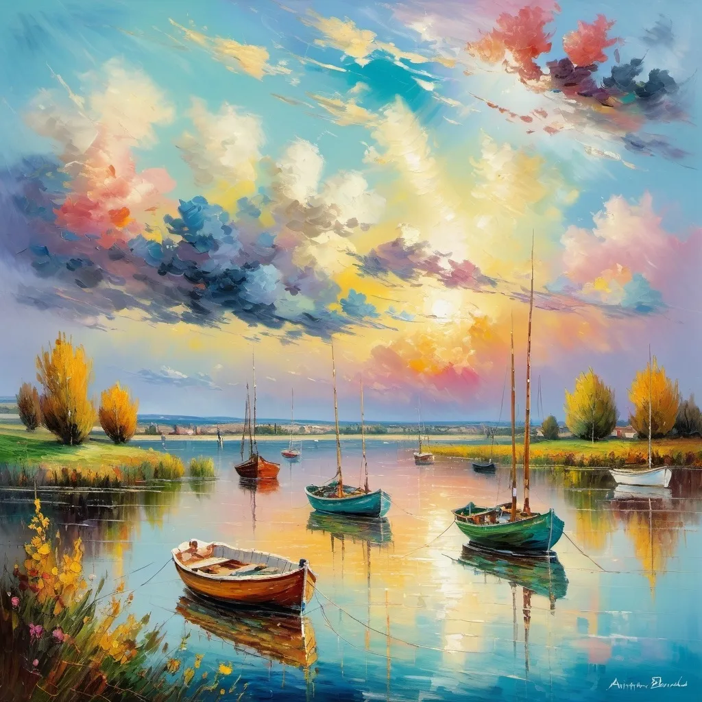 Prompt: a painting of boats floating on a lake under a sky with colorful clouds and land in the foreground, Antoine Blanchard, van gogh, Renoir, colorful pastel colors, impressionist painting, palette knife painting