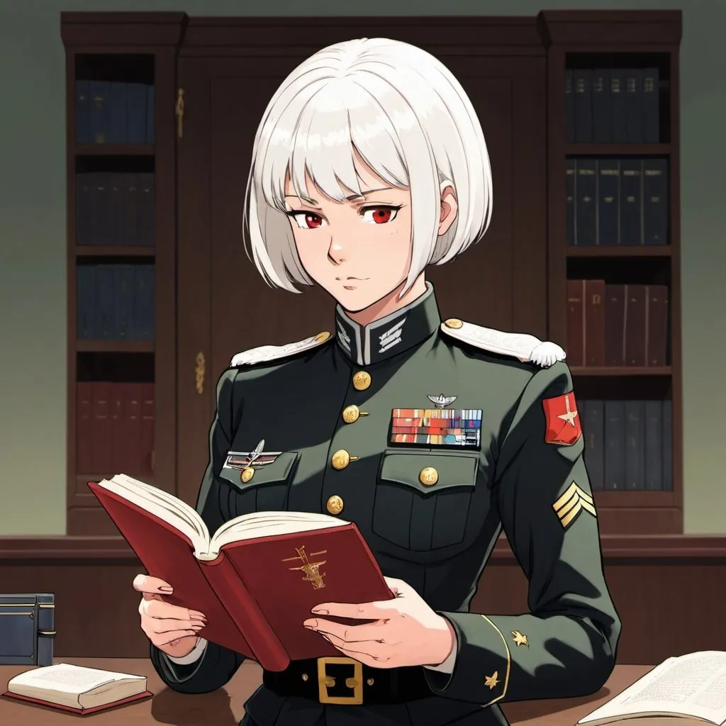 Prompt: Hyperanime illustration of a white short haired red eyed tall female general wearing black military uniform reading a book in a military office