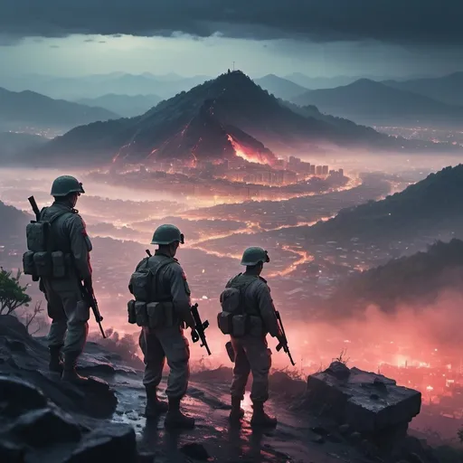 Prompt: soldiers bleeding on a mountain top looking over a small burned city after a gunfight, light rain with fog at dusk, anime artstyle, water droplet effect, foggy effect, ray tracing, path tracing, depth-of-field effect, grain camera effect, lens flare effect
