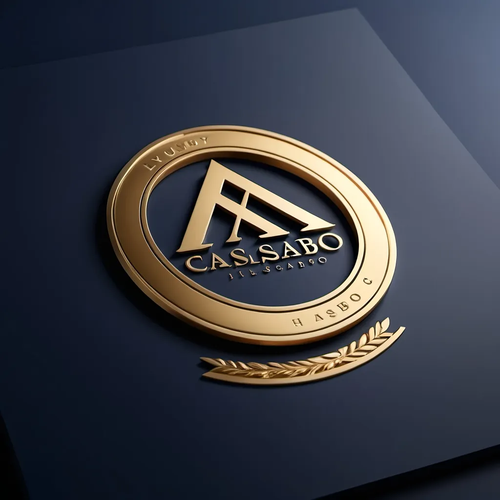 Prompt: Luxury real estate logo for Casabo, showcasing a sleek house emblem integrated with the company name, using gold and deep blue colors, 3D effect, high-end graphic design