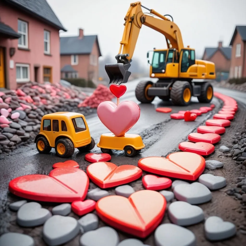 Prompt: road construction project with multiple pieces of road construction equipment.  Valentines Day theme with heart candy like a cobblestone road