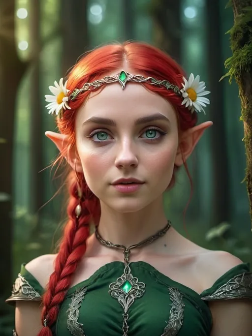 Prompt: A female elf with red braid with Heterochromia iridum and a green corset and a daisy crown