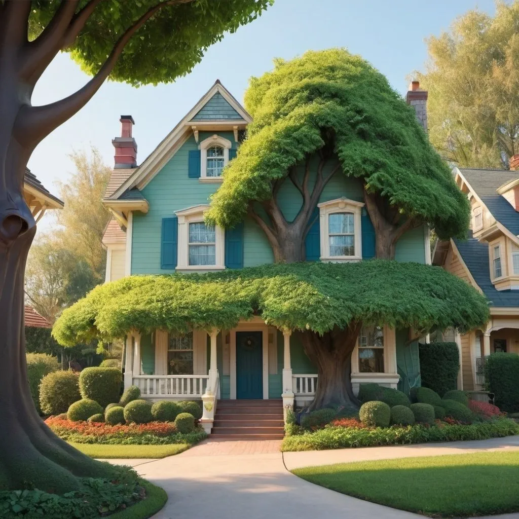 Prompt: Disney style The summer season have lots of trees foldown it's leaves in behind the house, the house owner sitting front of the house.