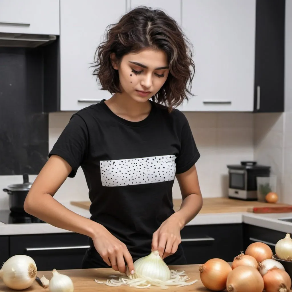 Prompt: Short Wavy hair girl cutting onions his kitchen and wearing black t shirt full sleeve with white spots on his t-shirt 