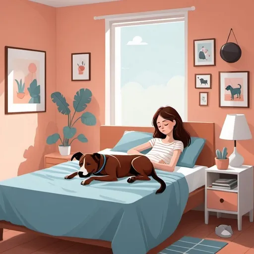Prompt: Vactor illustration style 26 years girl having a short nap her bedroom with her dog 