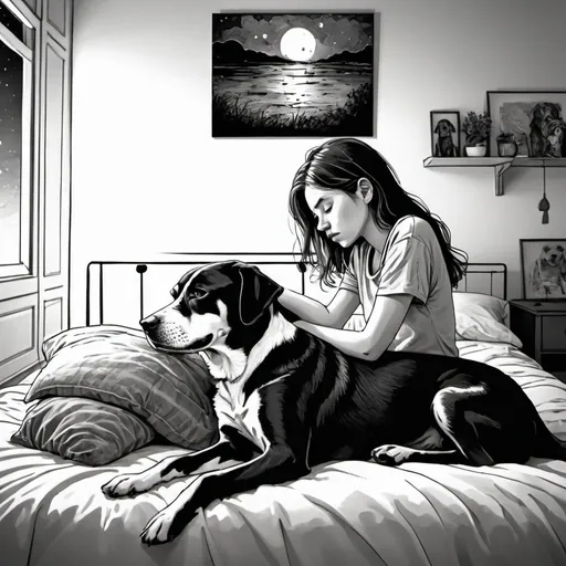 Prompt: Ink art style 26 years girl having a short nap her bedroom with her dog 