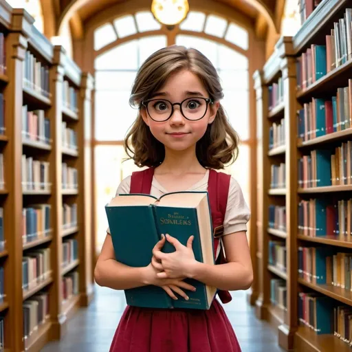 Prompt: Disney style 20 years girl holding a lot's of books in her hands and standing front of the library 