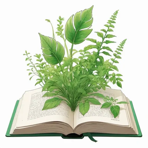 Prompt: anime illustration of a green book, with illustration of plants on the pages ,high quality, anime, white background