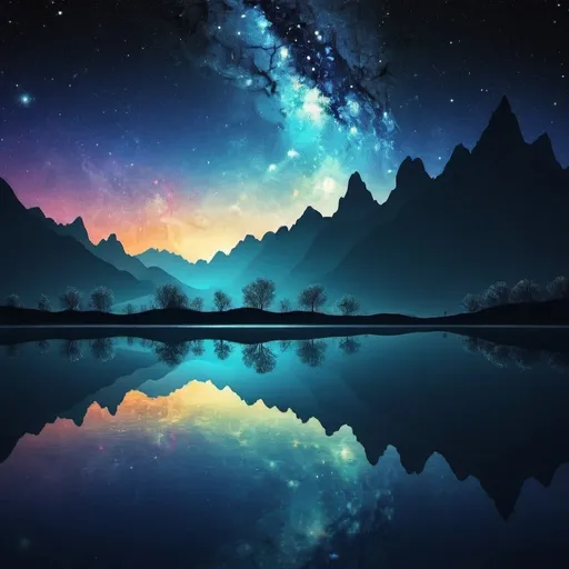Prompt: Abstract art beautiful landscape night water reflecting the universe 