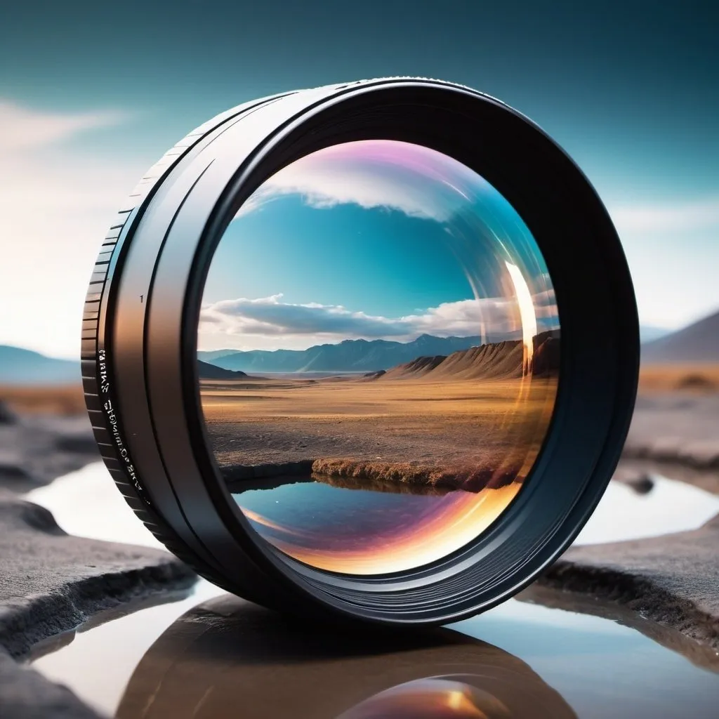 Prompt: Abstract art camera lens reflecting a futuristic landscape 