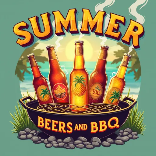 Prompt: Visualize a vibrant t-shirt logo that captures the essence of summer fun. At the center, a collection of frosty, colorful beer bottles glistens under warm sunlight, their labels showcasing bright tropical motifs. Surrounding the bottles, a classic charcoal grill sizzles enticingly, wisps of smoke curling upward, hinting at the delicious barbecue aromas wafting through the air. Above this lively scene, bold, playful typography proudly declares "SUMMER BEERS AND BBQ" in a sun-kissed hue, with a relaxed, cheerful vibe. A subtle background of blurred green grass and hints of a blue sky enhances the inviting atmosphere, making it feel like a perfect summer day. Consider a retro, playful design style to bring out the joy of outdoor gatherings.