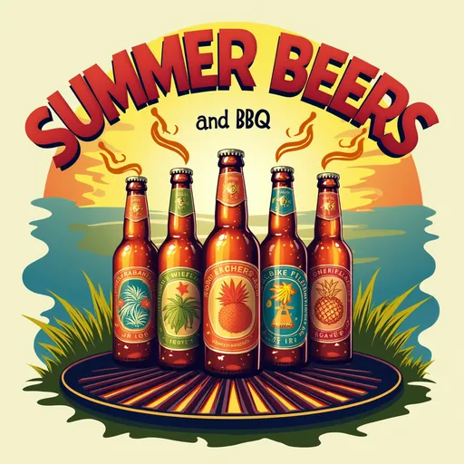 Prompt: Visualize a vibrant t-shirt logo that captures the essence of summer fun. At the center, a collection of frosty, colorful beer bottles glistens under warm sunlight, their labels showcasing bright tropical motifs. Surrounding the bottles, a classic charcoal grill sizzles enticingly, wisps of smoke curling upward, hinting at the delicious barbecue aromas wafting through the air. Above this lively scene, bold, playful typography proudly declares "SUMMER BEERS AND BBQ" in a sun-kissed hue, with a relaxed, cheerful vibe. A subtle background of blurred green grass and hints of a blue sky enhances the inviting atmosphere, making it feel like a perfect summer day. Consider a retro, playful design style to bring out the joy of outdoor gatherings.