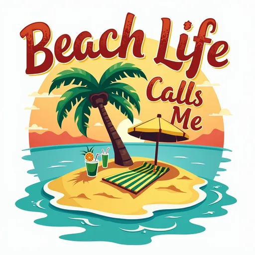 Prompt: Visualize a vibrant t-shirt logo that captures the essence of fun at the beach. At the center, a palm tree on a desert island, surrounded by yellow sand, with the island surrounded by crystal clear water. Under the tree is a beach umbrella, a bright yellow and green stripped beach towel, and tropical drinks. Above this lively scene, bold, playful typography proudly declares "Beach Life Calls Me" in a sun-kissed hue, with a relaxed, cheerful vibe. A subtle background of a sun setting sky enhances the inviting atmosphere, making it feel like a perfect summer day. Consider a retro, playful design style to bring out the joy of outdoor gatherings.