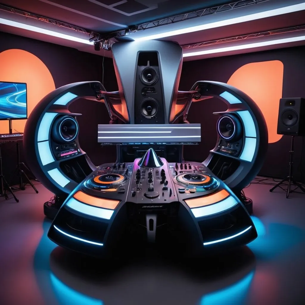 Prompt: DJ setup in the form of a futuristic Formula One racing car
