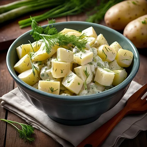 Prompt: photorealistic, (promotional) photo of potato salad, vibrant colors, fresh dill and chives garnishing, enticing presentation, creamy texture, natural lighting highlighting freshness, (high detail) gourmet styling, rustic table background, appetizing composition, inviting atmosphere, soft shadows, (HD) quality image, culinary masterpiece.