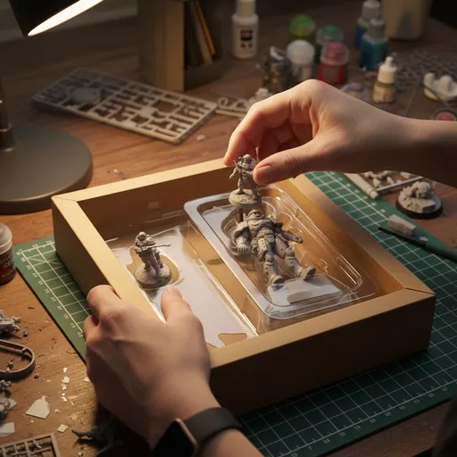 Prompt: Nure two hand gently pick up the figure on the frame and rotate it slightly for inpection.the model in the packaging box remain stationary,while all other background elements stay unchanged