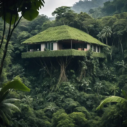 Prompt: A house in the middle of a jungle covered with tree's