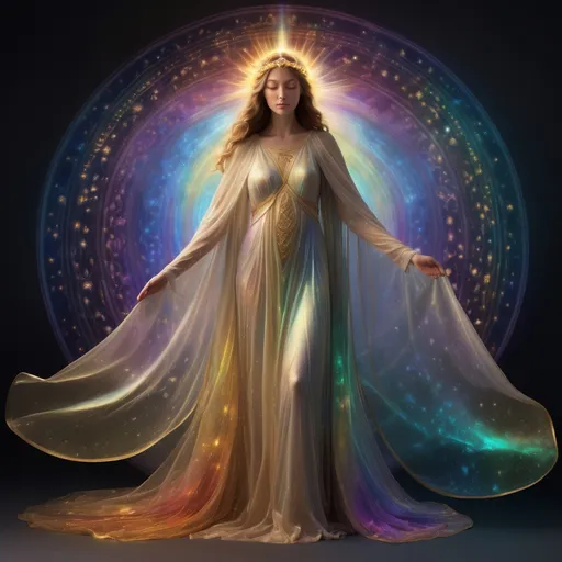 Prompt: "Uma representação luminosa e etérea de uma figura feminina serena, semelhante a uma entidade divina ou angelical. Ela está vestida com um vestido fluido e radiante que brilha com luzes multicoloridas, lembrando uma galáxia ou a aurora boreal. Seu véu e manto são semi-transparentes, emanando um efeito iridescente e cintilante. Um halo dourado com padrões intrincados e raios radiantes circunda sua cabeça, acentuando sua presença celestial.

Ela segura flores de lótus brilhantes em suas palmas abertas, simbolizando pureza e iluminação. Sua expressão é tranquila e compassiva, transmitindo um senso de paz e conforto. O fundo está repleto de luzes coloridas e vibrantes em estilo bokeh, criando uma atmosfera mística e de outro mundo. O texto 'Você Não Está Sozinho' está suavemente sobreposto próximo ao coração da figura, brilhando delicadamente em harmonia com as luzes ao redor."